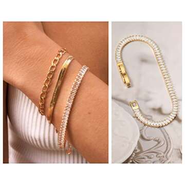 PEARLADA Baguette Cubic Zirconia Tennis Bracelet, Classic 18k Gold Faux Diamond Bracelet for Women, Dainty Adjustable Bracelet for Wedding 7-8”