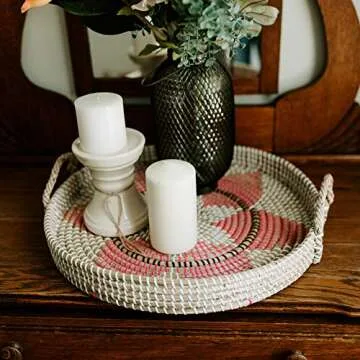 Round Woven Woven Tray with Handles, 18 Inch Large, Floral Pattern (Pink Seagrass)