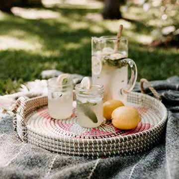 Round Woven Woven Tray with Handles, 18 Inch Large, Floral Pattern (Pink Seagrass)