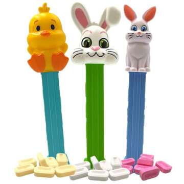 Needzo 2025 Easter PEZ Dispensers with Refill Roll Variety, Sugar Cookie, Cherry, and Lemon Candy, Flavored Hard Candies, Assorted Characters with Individually Wrapped Dispenser Refills (Pack of 3)