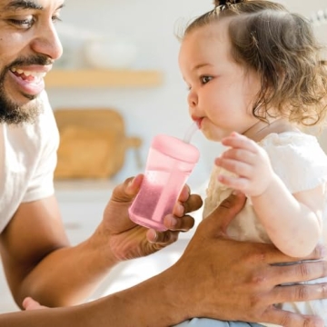The First Years Squeeze & Sip Toddler Straw Cups - Squeezable Transition Sippy Cup with Silicone Straw - Toddler Feeding Supplies - Pink/Purple/Blue - 7 Oz - 3 Count - Ages 6 Months and Up