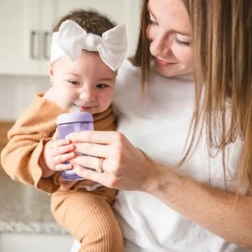 The First Years Squeeze & Sip Toddler Straw Cups - Squeezable Transition Sippy Cup with Silicone Straw - Toddler Feeding Supplies - Pink/Purple/Blue - 7 Oz - 3 Count - Ages 6 Months and Up