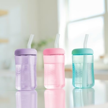The First Years Squeeze & Sip Toddler Straw Cups - Squeezable Transition Sippy Cup with Silicone Straw - Toddler Feeding Supplies - Pink/Purple/Blue - 7 Oz - 3 Count - Ages 6 Months and Up