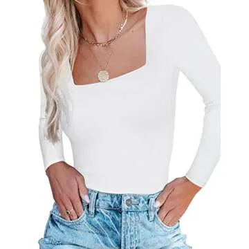 SAUNGKUAI Women's Long Sleeve Square Neck Thong Bodysuit for Going Out Winter Body Suit Tops White Small
