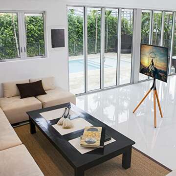 UPGRAVITY Easel TV Stand with Tripod Base for 45-65 inch Flat Screen up to 77lbs, Height Adjustable TV Stand Tripod for Living Room w/Cable Ties, 180°Swivel, Black