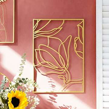 Putuo Decor 3 Piece Gold Flower Metal Wall Decor, Abstract Floral Aesthetic Splicing Line Art, Minimalist Hanging Wall Sculpture for Bedroom, Living Room, 11.8x17 Inches Modern Artwork