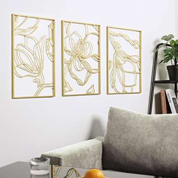 Putuo Decor 3 Piece Gold Flower Metal Wall Decor, Abstract Floral Aesthetic Splicing Line Art, Minimalist Hanging Wall Sculpture for Bedroom, Living Room, 11.8x17 Inches Modern Artwork