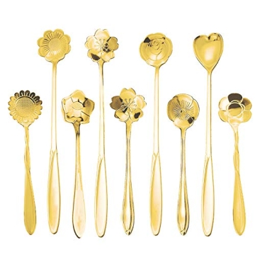 9 Pcs Flower Spoon Coffee Teaspoon Set, ESRISE Stainless Steel Tea Spoon, Cute Demitasse Scoop for D...