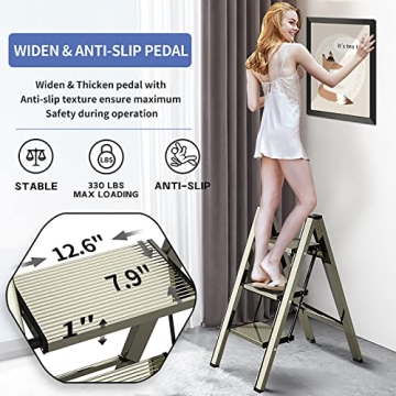 3 Step Lightweight Folding Ladder with Anti-Slip Pedal | Stylish Gold Design