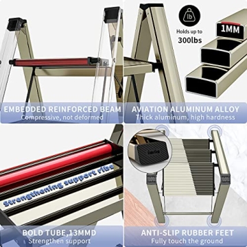 3 Step Lightweight Folding Ladder with Anti-Slip Pedal | Stylish Gold Design