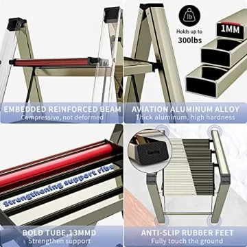 3 Step Lightweight Folding Ladder with Anti-Slip Pedal | Stylish Gold Design