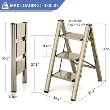 3 Step Lightweight Folding Ladder with Anti-Slip Pedal | Stylish Gold Design
