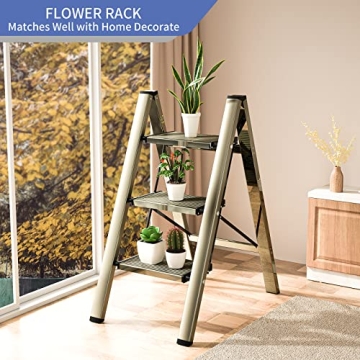 3 Step Lightweight Folding Ladder with Anti-Slip Pedal | Stylish Gold Design