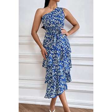 PRETTYGARDEN Women's Summer Floral Sundress Casual One Shoulder Tiered Ruffle Flowy Midi Beach Boho Dresses (Floral Royal Blue White,Small)