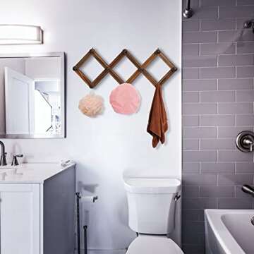 TRSPCWR 2 Pack Accordion Wall Hanger, Expandable Coat Rack Wall Mounted, Wider Hat Rack for Wall, Solid Wooden Hat Hanger for Hanging Coat, Keys, Hats, Caps, Mugs, 10 Peg, Brown