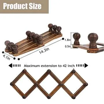 TRSPCWR 2 Pack Accordion Wall Hanger, Expandable Coat Rack Wall Mounted, Wider Hat Rack for Wall, Solid Wooden Hat Hanger for Hanging Coat, Keys, Hats, Caps, Mugs, 10 Peg, Brown