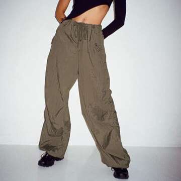 Women’s Baggy Cargo Pants Low Waist Hip Hop Sweatpants Drawstring Oversized Loose Wide Leg Hippie Joggers Trousers(Drawstring-Khaki,Small)