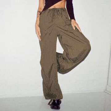Women’s Baggy Cargo Pants Low Waist Hip Hop Sweatpants Drawstring Oversized Loose Wide Leg Hippie Joggers Trousers(Drawstring-Khaki,Small)