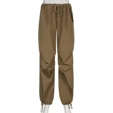 Women’s Baggy Cargo Pants Low Waist Hip Hop Sweatpants Drawstring Oversized Loose Wide Leg Hippie Joggers Trousers(Drawstring-Khaki,Small)