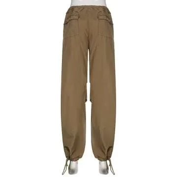 Women’s Baggy Cargo Pants Low Waist Hip Hop Sweatpants Drawstring Oversized Loose Wide Leg Hippie Joggers Trousers(Drawstring-Khaki,Small)
