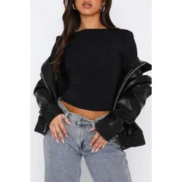 ForeFair Women Sexy Long Sleeve Backless Going Out Top Slim Fit Crewneck Cut Out Casual Y2K Tshirt(A Black,S)