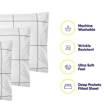 Queen Sheets Window Pane White - 6 Piece 1500 Supreme Collection Fine Brushed Microfiber Deep Pocket Queen Sheet Set Bedding - 2 Extra Pillow Cases, Great Value, Queen, Window Pane White