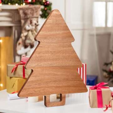Renawe Christmas Kitchen Decor Tree Charcuterie Board Gift Acacia Wood Cutting Board with Handle Holiday Decorations Platter Wooden Xmas Cheese Boards Decorative Charcuterie Board Food Serving Tray