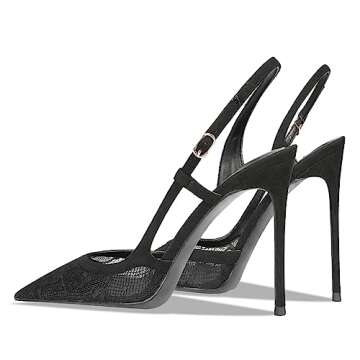 FSJ Women Sexy Pointed Toe D'Orsay High Heel Slingback Pumps Sandals Cutout Strappy Stiletto Slip On Party Prom Shoes Size 4 Black Mesh