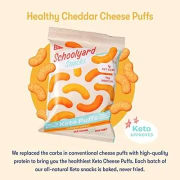Schoolyard Snacks - Keto Chips, Low Carb, Low Sugar - Healthy Protein Snacks, Gluten Free - 15g Protein, Low Calories - Satisfy Cravings - High Protein Puff Snacks - Cheddar Cheese Flavor - 12 Bags