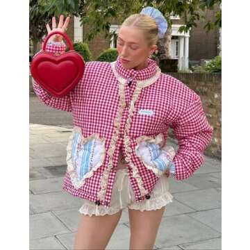 Wyeysyt Women's Cropped Puffer Jacket Winter Gingham Snap Plaid Short Padded Coats with Pockets(Red-...