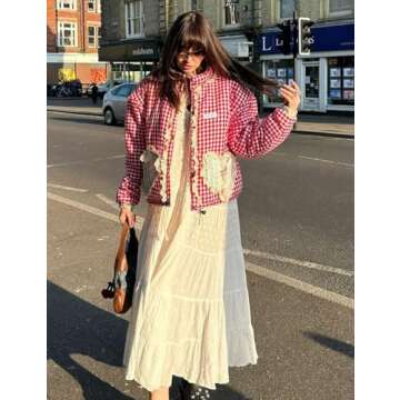 Wyeysyt Women's Cropped Puffer Jacket Winter Gingham Snap Plaid Short Padded Coats with Pockets(Red-L)