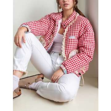 Wyeysyt Women's Cropped Puffer Jacket Winter Gingham Snap Plaid Short Padded Coats with Pockets(Red-L)