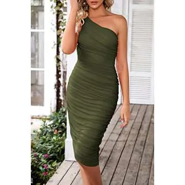 PRETTYGARDEN Women's Ruched Bodycon Dress 2024 Summer One Shoulder Sleeveless Party Cocktail Pencil Dresses (Army Green,Large)