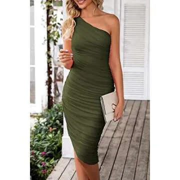 PRETTYGARDEN Women's Ruched Bodycon Dress 2024 Summer One Shoulder Sleeveless Party Cocktail Pencil Dresses (Army Green,Large)