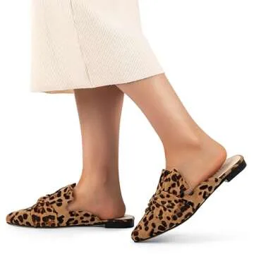 MUSSHOE Mules for Woman Comfortable Pointed Toe Slip On Womens Mules Flats with Knot,Leopard 8