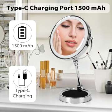 Wtrgas 1X/10X Folding Lighted Magnifying Makeup Mirror, Vanity Mirror, Adjustable Double Sided Mirror, 8 inch