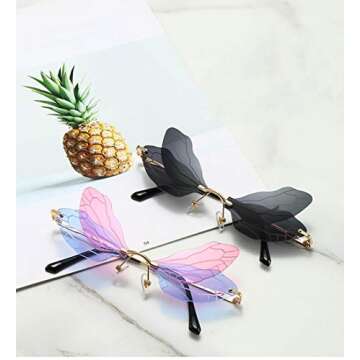 ENTHYI Dragonfly Wing Shape Sunglasses for Women/Men Frameless Irregular Glasses Shades Party Sun Glasses (purple/blue)