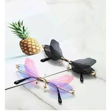 ENTHYI Dragonfly Wing Shape Sunglasses for Women/Men Frameless Irregular Glasses Shades Party Sun Glasses (purple/blue)