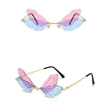ENTHYI Dragonfly Wing Shape Sunglasses for Women/Men Frameless Irregular Glasses Shades Party Sun Glasses (purple/blue)