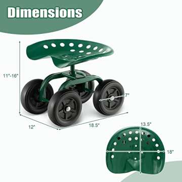 Goplus Garden Cart with Wheels, Utility Stool Cart w/Adjustable 360 Degree Swivel Seat, Outdoor Lawn Yard Rolling Work Seat, Garden Scooter for Planting (Green)