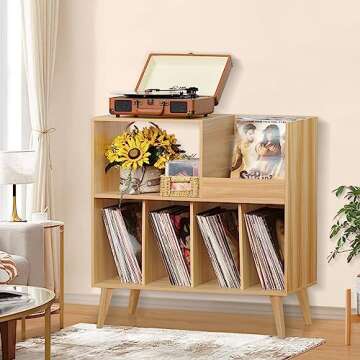 LELELINKY Large Record Player Stand, Turntable Stand with Storage, Vinyl Record Holder with Display ...