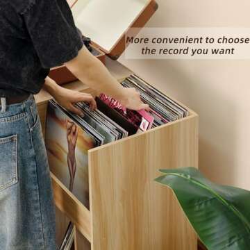 LELELINKY Large Record Player Stand, Turntable Stand with Storage, Vinyl Record Holder with Display Area, Record Player Table Holds Up to 300 Albums, Record Stand for Music room Living Room-Natural