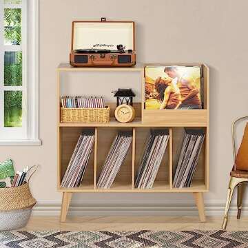 LELELINKY Large Record Player Stand, Turntable Stand with Storage, Vinyl Record Holder with Display Area, Record Player Table Holds Up to 300 Albums, Record Stand for Music room Living Room-Natural