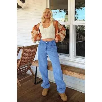 Cicy Bell Women's Baggy Boyfriend Jeans High Waisted Straight Leg Mom Loose Denim Pants with Pockets Blue