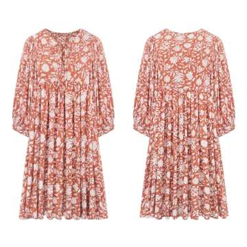 R.Vivimos Women's Summer V Neck Casual Dresses Lantern Sleeve Boho Floral Print Loose Flowy Mini Dress (X-Large, Orange)