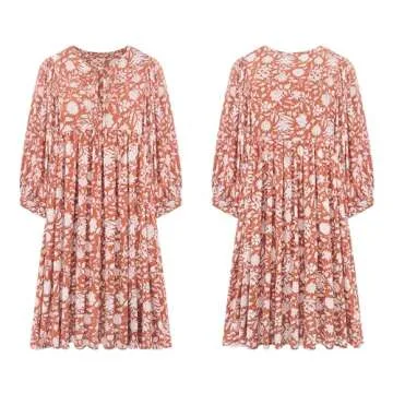 R.Vivimos Women's Summer V Neck Casual Dresses Lantern Sleeve Boho Floral Print Loose Flowy Mini Dress (X-Large, Orange)