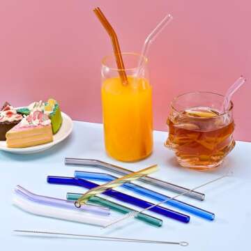 10 Pcs Colorful Reusable Bent Glass Straws Perfect for Drinks