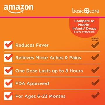 Amazon Basic Care Infants' Ibuprofen Oral Suspension Drops, 50 mg per 1.25 mL, Berry Flavor, For Minor Aches and Pains, Sore Throat, Headache Relief and More, 1 fl oz (Pack of 1)