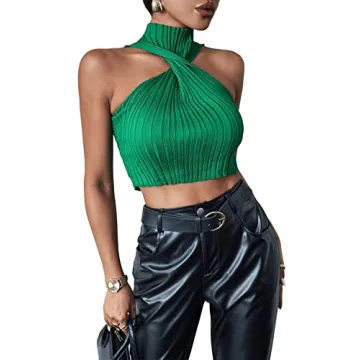 SweatyRocks Women's Sleeveless Halter Twist Front Crop Top Slim Fit Ribbed Knit Vest Tank Tops Green S