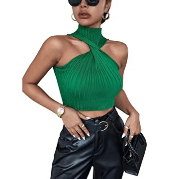 SweatyRocks Women's Sleeveless Halter Twist Front Crop Top Slim Fit Ribbed Knit Vest Tank Tops Green S